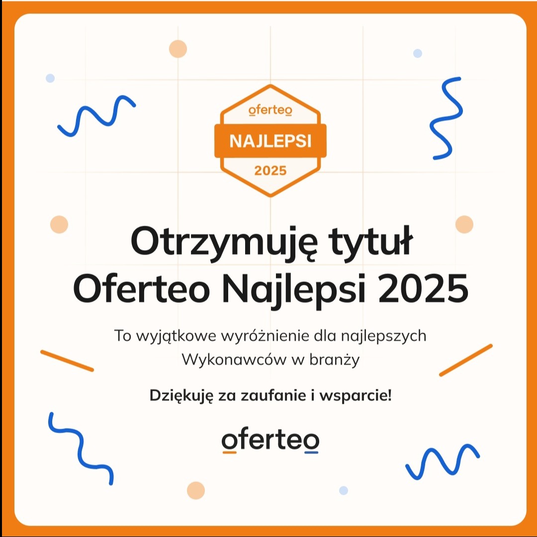 Grafika z informacją o otrzymaniu tytułu Oferteo Najlepsi 2025, wyróżnienie dla wykonawców w branży, z podziękowaniem za zaufanie i wsparcie.