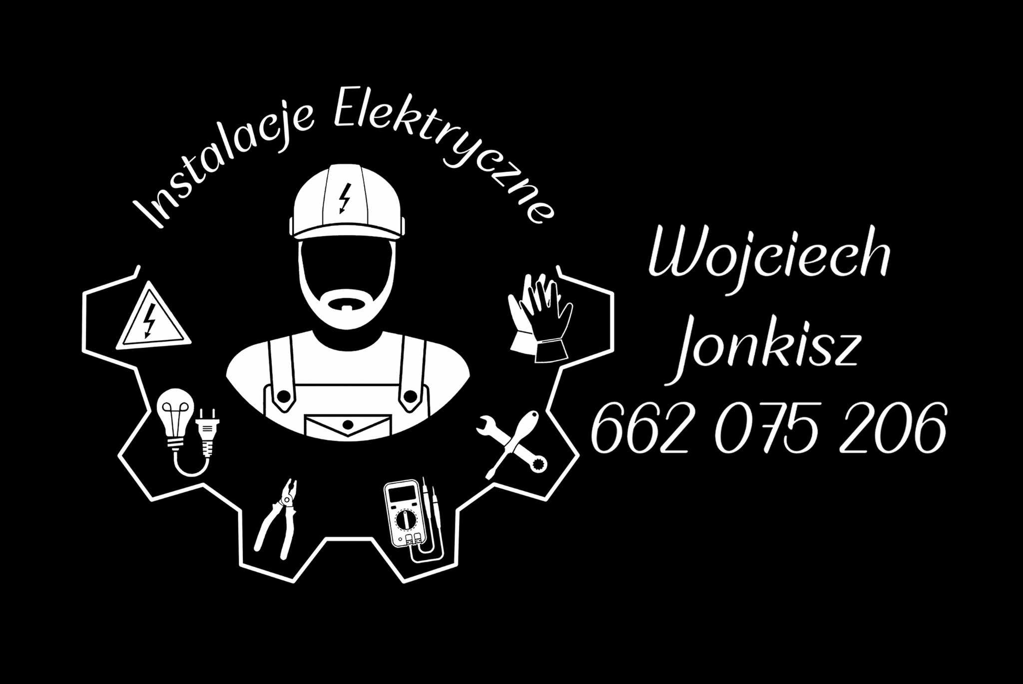 Grafika wektorowa przedstawiająca logo firmy elektrycznej: sylwetka elektryka w kasku, otoczona ikonami narzędzi (żarówka, miernik, kombinerki, klucze) i tekstem 'Instalacje Elektryczne Wojciech...