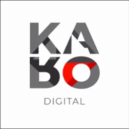 Minimalistyczne logo 'KABO Digital' z szarymi literami i czerwonym akcentem w okręgu, na białym tle. Geometryczny krój pisma, nowoczesny design.