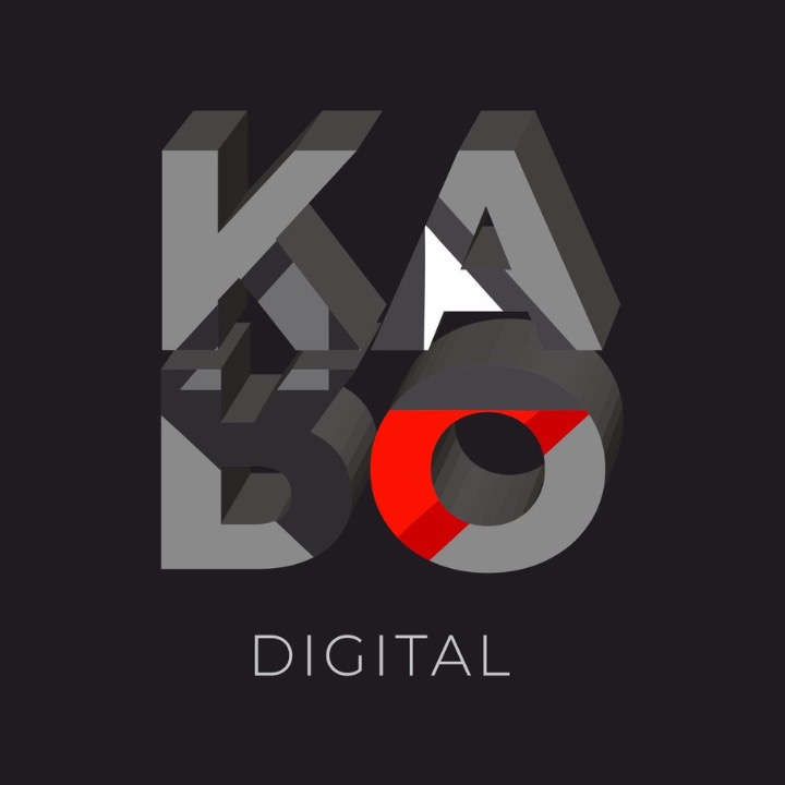 Graficzne logo 'KABO Digital' na czarnym tle. Szare, trójwymiarowe litery z czerwonym akcentem w 'O' i białym kursorem. Minimalistyczny, nowoczesny design.