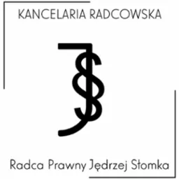 Logo Kancelarii Radcowskiej Radcy Prawnego Jędrzeja Słomki z abstrakcyjnym symbolem w kolorze czarnym na białym tle, obramowane cienkimi liniami.