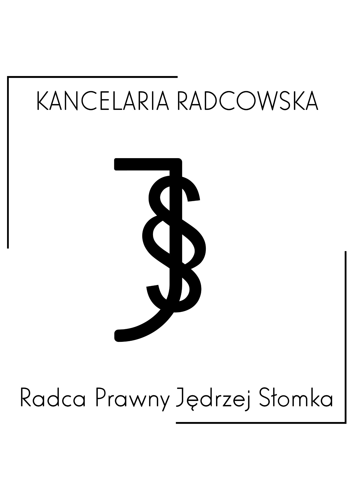 Logo Kancelarii Radcowskiej Radcy Prawnego Jędrzeja Słomki z abstrakcyjnym symbolem w kolorze czarnym na białym tle, obramowane cienkimi liniami.