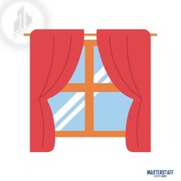 MasterStaff - Stylizowana ikona okna z czerwonymi zasłonami, widoczne cztery szyby z niebieskim odbiciem nieba, prosty design graficzny.