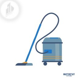 MasterStaff - Ilustracja przedstawiająca niebieski odkurzacz przemysłowy z żółtymi akcentami, stojący na białym tle.