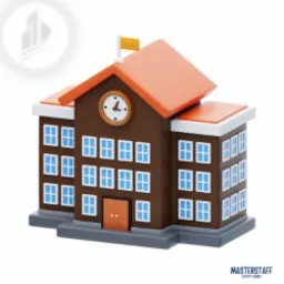 Stylizowany, trójwymiarowy model budynku szkoły z zegarem na fasadzie, utrzymany w brązowo-pomarańczowej kolorystyce, na białym tle.