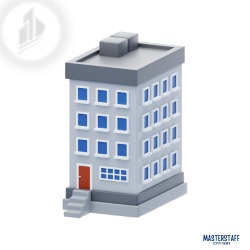 Grafika 3D przedstawiająca budynek biurowy w Piastowie z niebieskimi oknami i czerwonymi drzwiami, stojący na szarym podłożu. W lewym górnym rogu widoczne logo firmy, a w prawym dolnym nazwa firmy.