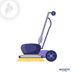 Ilustracja maszyny czyszczącej podłogi z okrągłą szczotką, w kolorach fioletowym i żółtym, na białym tle. W lewym górnym rogu logo firmy MASTERSTAFF.