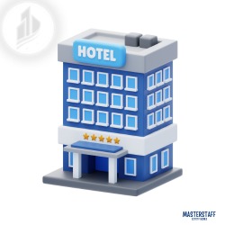 Stylizowana, trójwymiarowa ikona budynku hotelu z pięcioma złotymi gwiazdkami nad wejściem, utrzymana w niebiesko-białej kolorystyce, na białym tle.