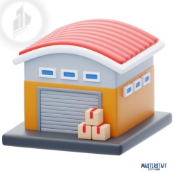 Stylizowana grafika 3D przedstawiająca magazyn z czerwonym dachem i pomarańczowymi ścianami, zamkniętą szarą bramą oraz trzema paczkami przed wejściem.