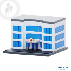 Dwupiętrowy, nowoczesny budynek szpitala w stylu 3D z niebieskimi oknami i znakiem czerwonego krzyża nad wejściem, umieszczony na ciemnej podstawie.