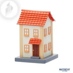 Dwupiętrowy model domu z pomarańczowym dachem i brązowymi drzwiami, umieszczony na szarej podstawie. Widoczne logo firmy w lewym górnym rogu oraz nazwa firmy na dole zdjęcia.