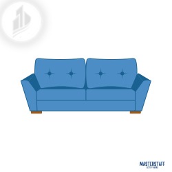 Grafika wektorowa przedstawiająca niebieską sofę dwuosobową z dwoma guzikami na oparciu, na białym tle, z logo firmy w lewym górnym rogu i nazwą firmy w prawym dolnym rogu.