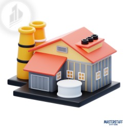 Model budynku przemysłowego z dwoma żółtymi kominami, czerwonym dachem i szarymi ścianami, umieszczony na czarnej podstawie. Widoczny biały zbiornik cylindryczny. Całość w stylu kreskówkowym...