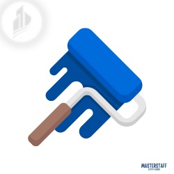 Ikona wałka malarskiego z niebieską farbą, stylizowane ujęcie z widocznym logo firmy w tle.