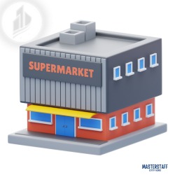 Stylizowana, trójwymiarowa miniatura budynku supermarketu z szarym dachem, ciemnoszarymi ścianami i pomarańczową fasadą. Nad wejściem żółty daszek i niebieskie drzwi. Na dachu widoczne dwa szare...