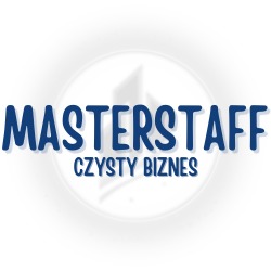 Niebieskie logo firmy Masterstaff z hasłem 'Czysty Biznes' na białym tle z szarym cieniem.