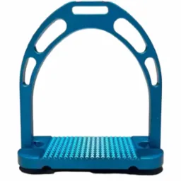 Niebieskie strzemię z aluminiową ramą i antypoślizgową wkładką, widok z przodu na białym tle.