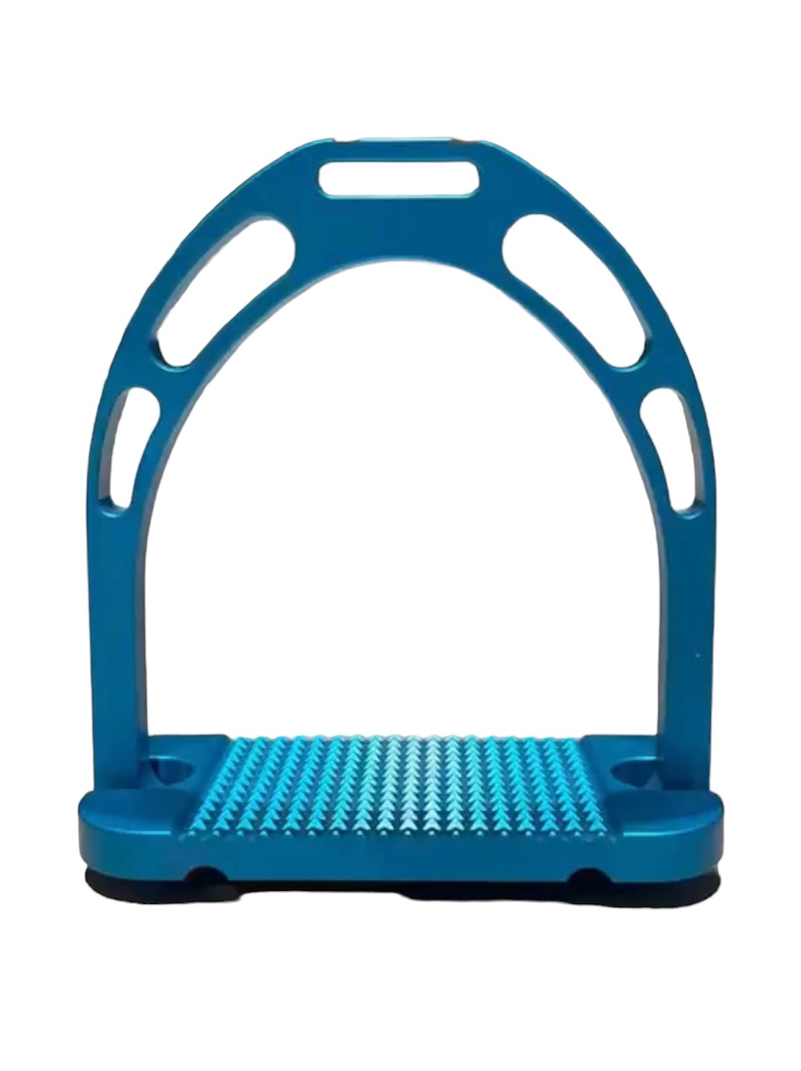 Niebieskie strzemię z aluminiową ramą i antypoślizgową wkładką, widok z przodu na białym tle.