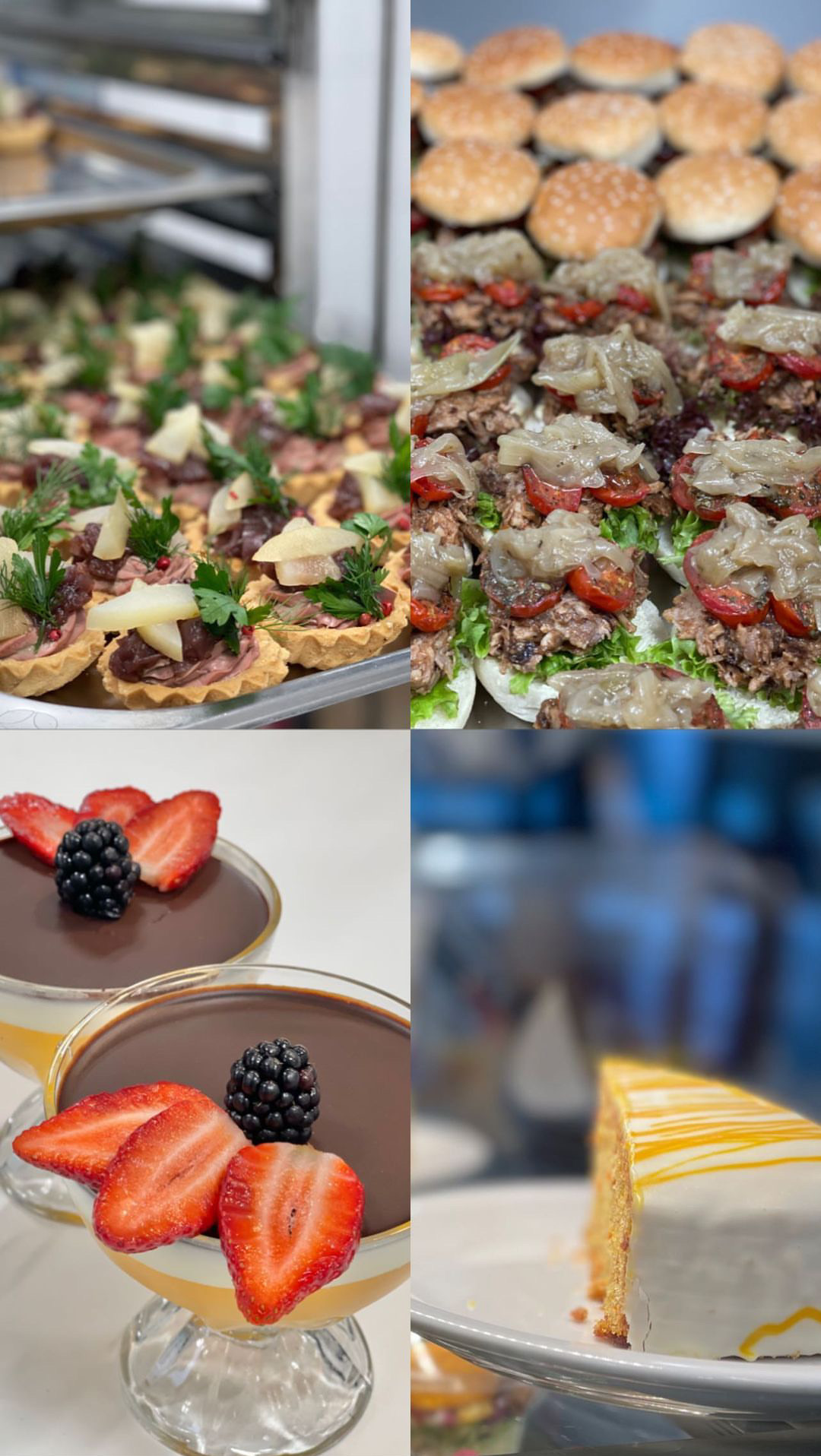 Kompozycja czterech kadrów: tarta z mięsem i serem na metalowej tacy, mini burgery z warzywami, deser czekoladowy z truskawkami i jeżynami w szklanym pucharku oraz kawałek ciasta z polewą.
