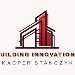 Logo firmy budowlanej Building Innovations Kacper Stańczyk, przedstawiające abstrakcyjny budynek z czerwonym pionowym elementem.