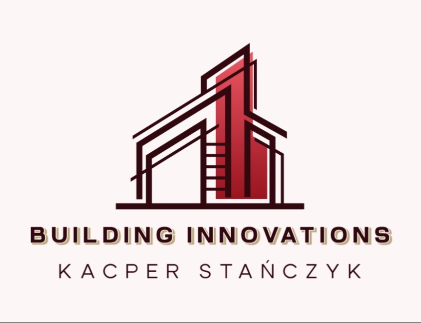 Logo firmy budowlanej Building Innovations Kacper Stańczyk, przedstawiające abstrakcyjny budynek z czerwonym pionowym elementem.