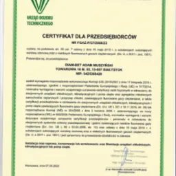 Certyfikat Urzędu Dozoru Technicznego dla przedsiębiorstwa DIAM-BET Adam Muszyński, uprawniający do instalacji, naprawy, konserwacji, serwisowania i likwidacji urządzeń chłodniczych...