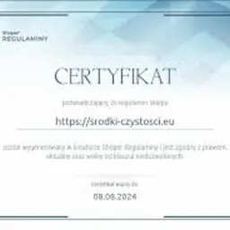 Certyfikat sklepu internetowego srodki-czystosci.eu potwierdzający zgodność z regulaminami, ważny do 08.08.2024, z logo sklepu w lewym górnym rogu.