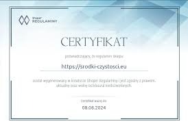 Certyfikat sklepu internetowego srodki-czystosci.eu potwierdzający zgodność z regulaminami, ważny do 08.08.2024, z logo sklepu w lewym górnym rogu.