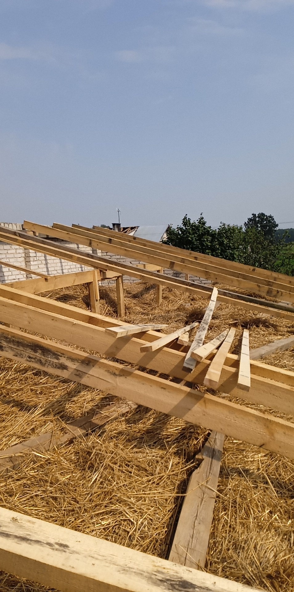 Konstrukcja więźby dachowej z drewnianych belek na poddaszu, widoczne fragmenty muru z białej cegły i słoma, niebieskie niebo w tle.