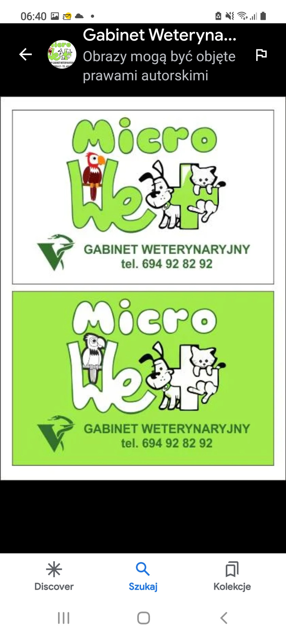 Graficzne logo gabinetu weterynaryjnego 'Micro Wet' w Ełku, z wizerunkiem papugi, psa i kota, umieszczone na zielonym tle z numerem telefonu.