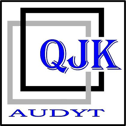 Logo firmy QJK Audyt z niebieskim napisem na białym tle, otoczonym czarną i szarą ramką kwadratu.