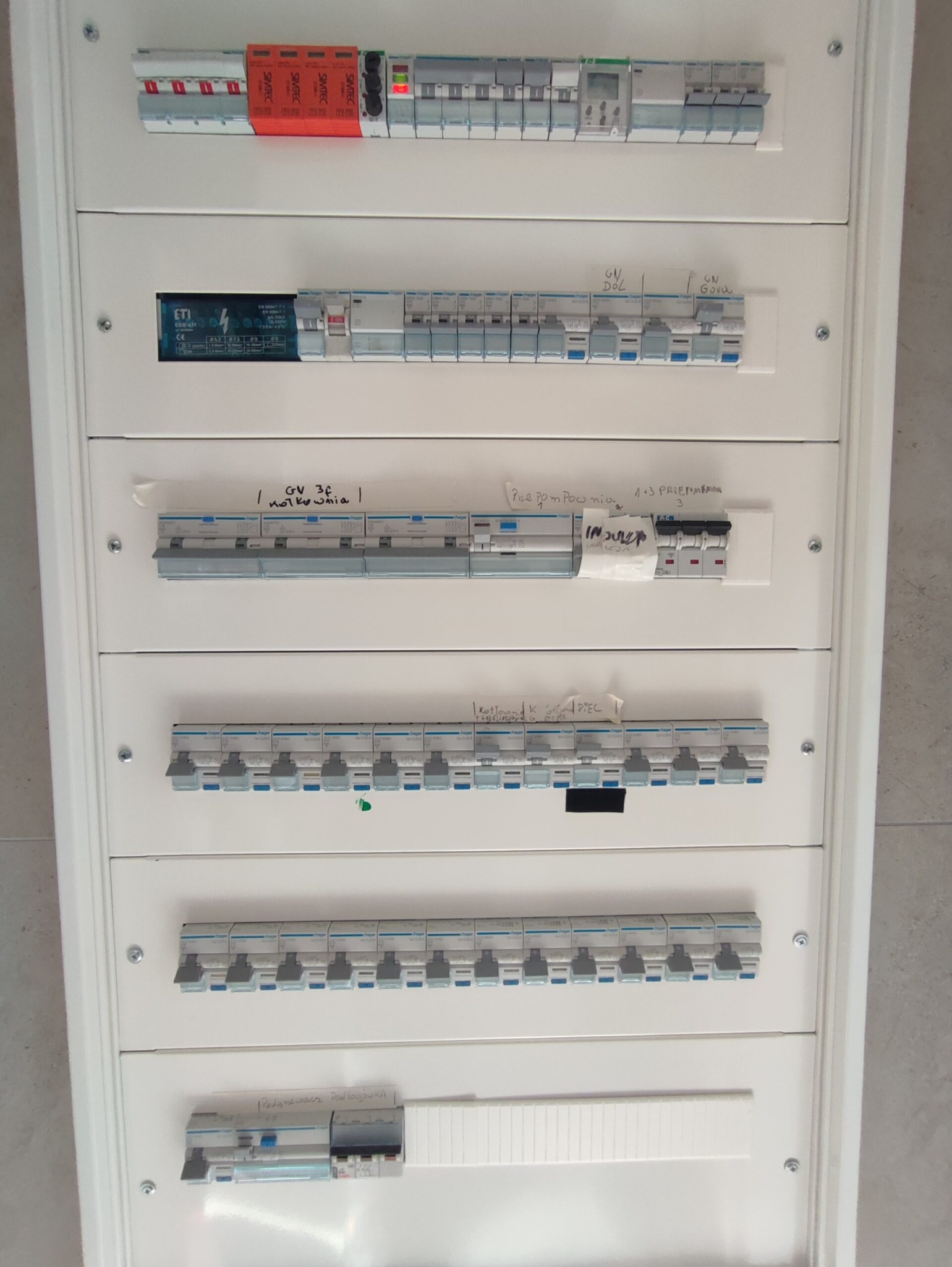 Rozdzielnica elektryczna z zamontowanymi bezpiecznikami i wyłącznikami różnicowoprądowymi, opisana ręcznie napisanymi etykietami, widok z bliska.