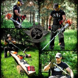 Black Forest - Montaż lub serwis podkaszarki spalinowej z tarczą tnącą, widoczne akcesoria na desce, operator w okularach, słuchawkach i rękawicach ochronnych, w tle zieleń i logo firmy.