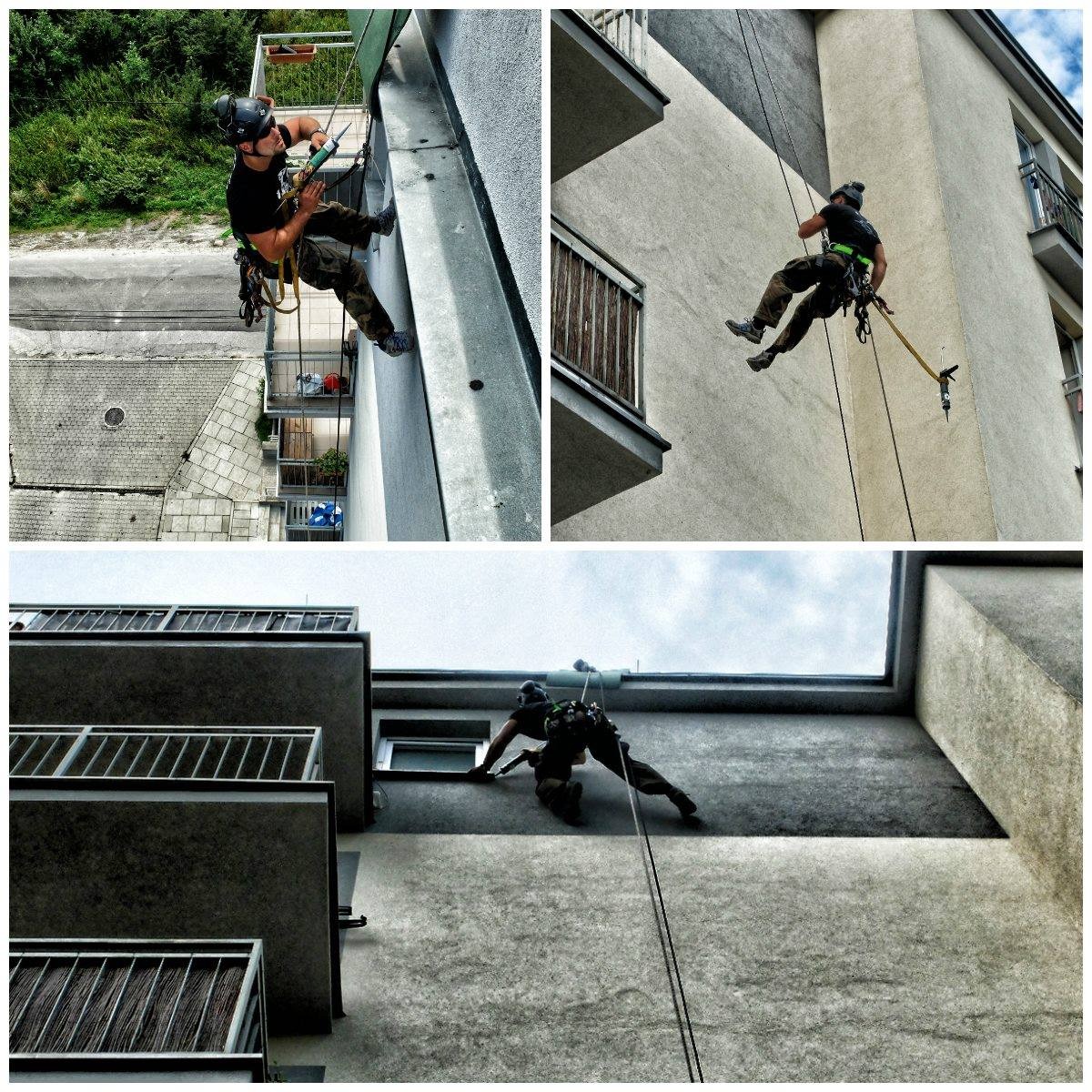 Montażysta okien na wysokości w uprzęży, widok z różnych perspektyw, używający wiertarki przy oknie w budynku wielorodzinnym.