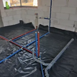 Wnętrze w trakcie budowy z widoczną instalacją wodną i kanalizacyjną: czerwone i niebieskie rury PEX krzyżują się na czarnej folii, pionowa niebieska rura przy ścianie z betonu komórkowego, szara...