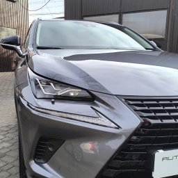 AUTO CLINIC SPA Patryk Cieszkowski - Szary samochód Lexus na tle blaszanych garaży, widok z przodu na reflektor i grill.