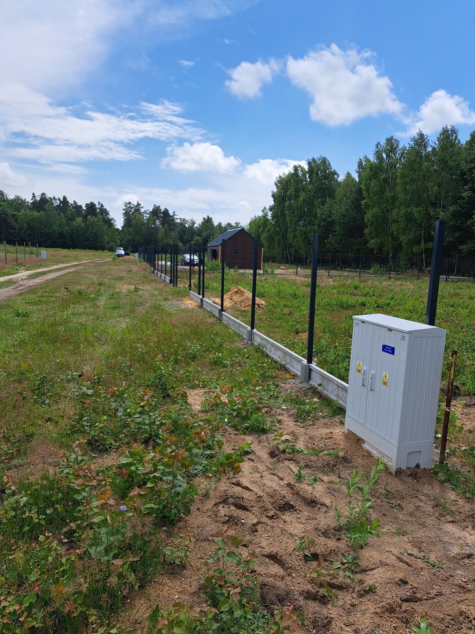 Długi odcinek ogrodzenia z betonową podmurówką i czarnymi słupkami, biegnący wzdłuż zarośniętej działki w kierunku lasu, z białą skrzynką elektryczną po prawej stronie.