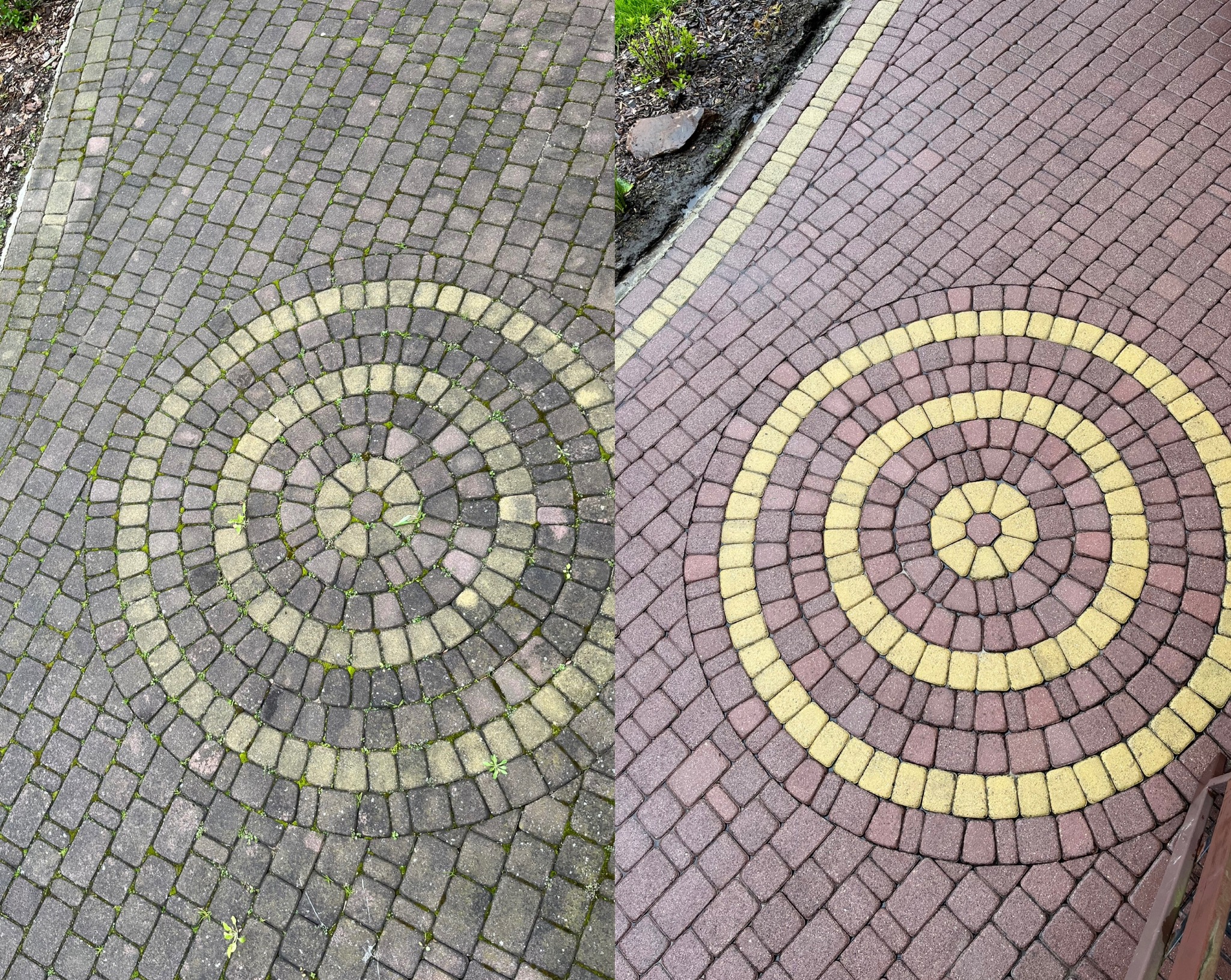 Porównanie stanu kostki brukowej przed i po czyszczeniu. Lewa strona pokryta mchem i zabrudzeniami, prawa strona czysta z intensywnymi kolorami.