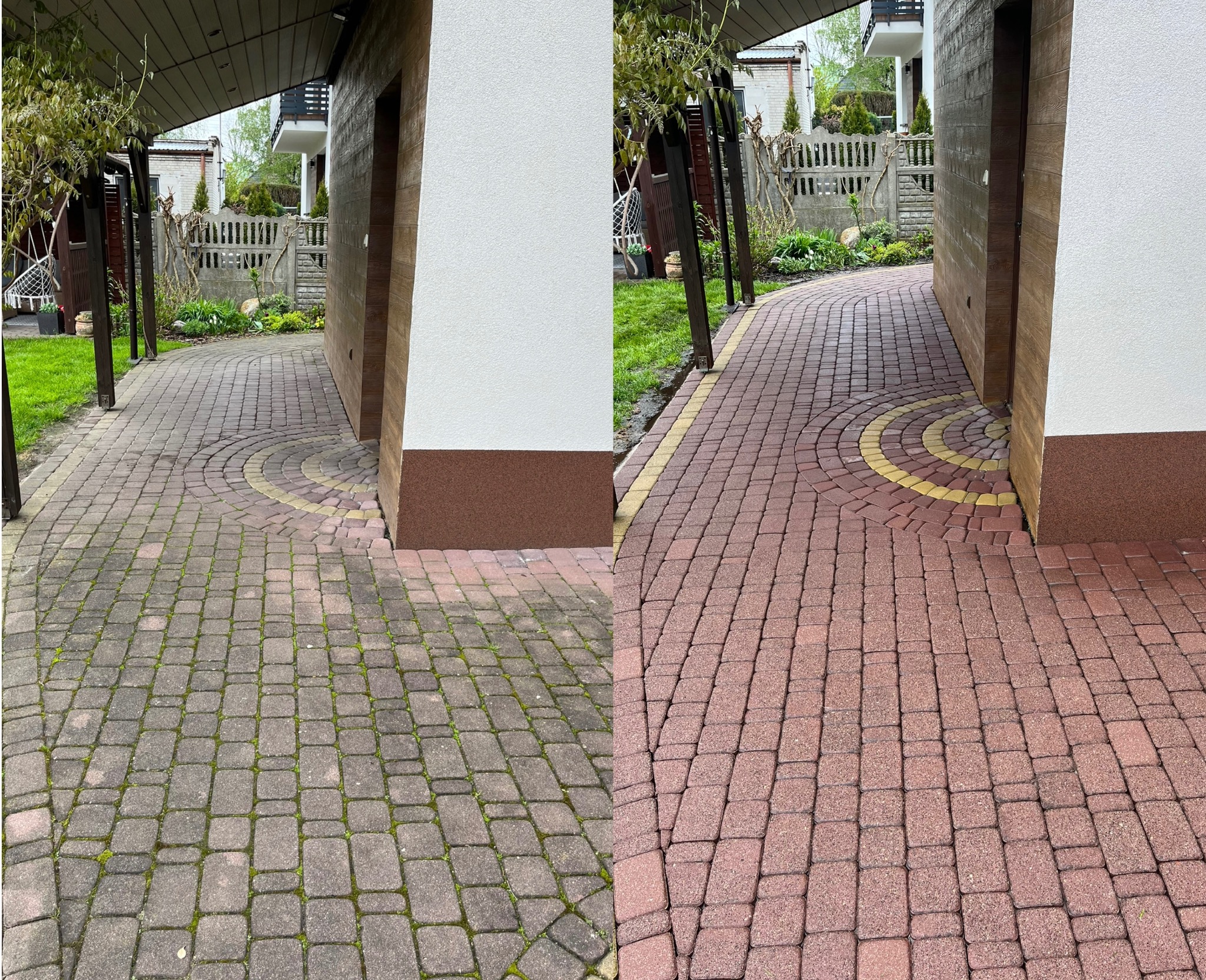 Porównanie stanu kostki brukowej przed i po czyszczeniu: po lewej stronie kostka pokryta mchem i zabrudzeniami, po prawej wyczyszczona, czerwona kostka brukowa z żółtymi elementami dekoracyjnymi.