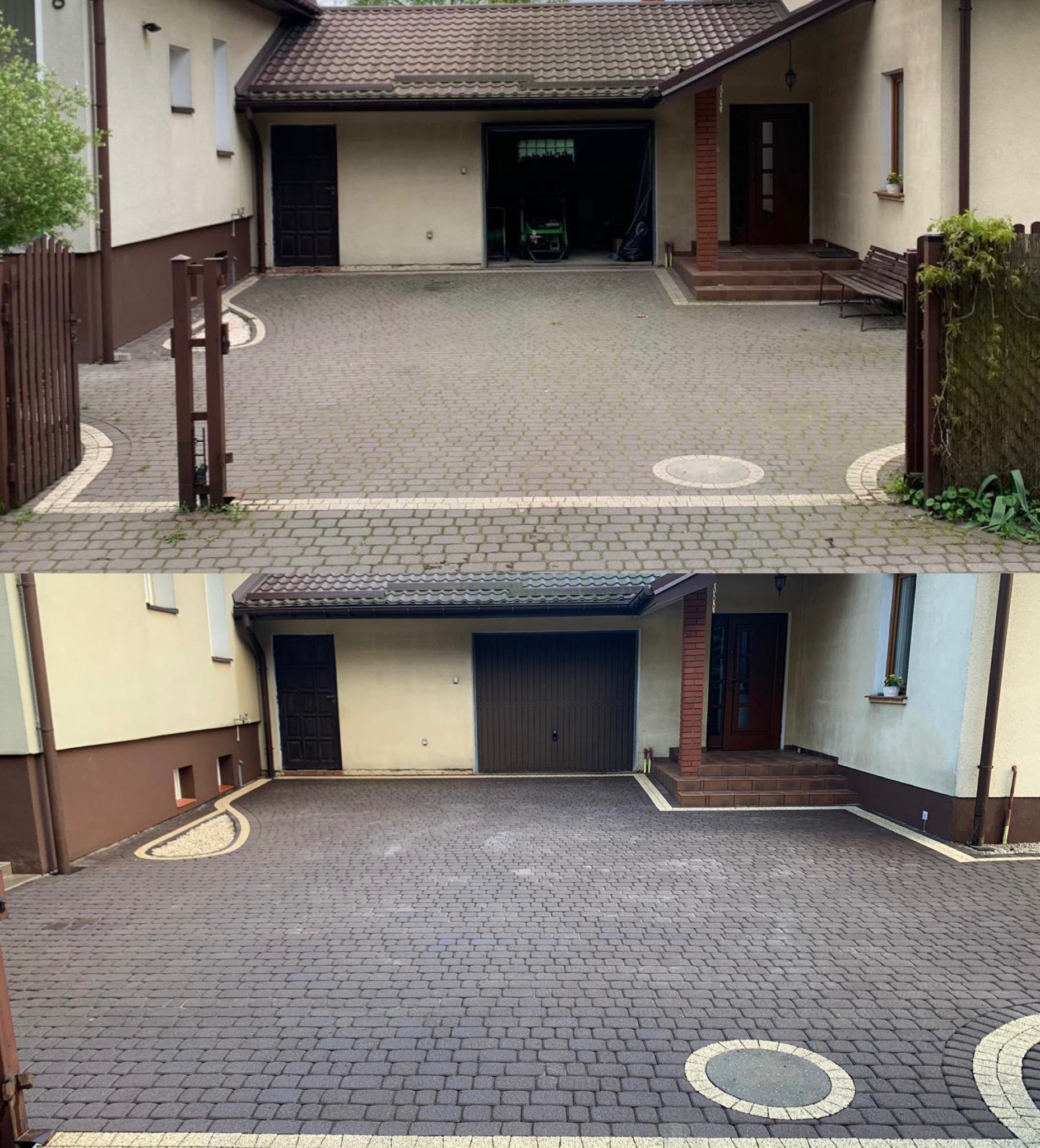 Porównanie stanu kostki brukowej przed i po czyszczeniu na podjeździe przed domem z garażem; widoczne różnice w kolorze i czystości.