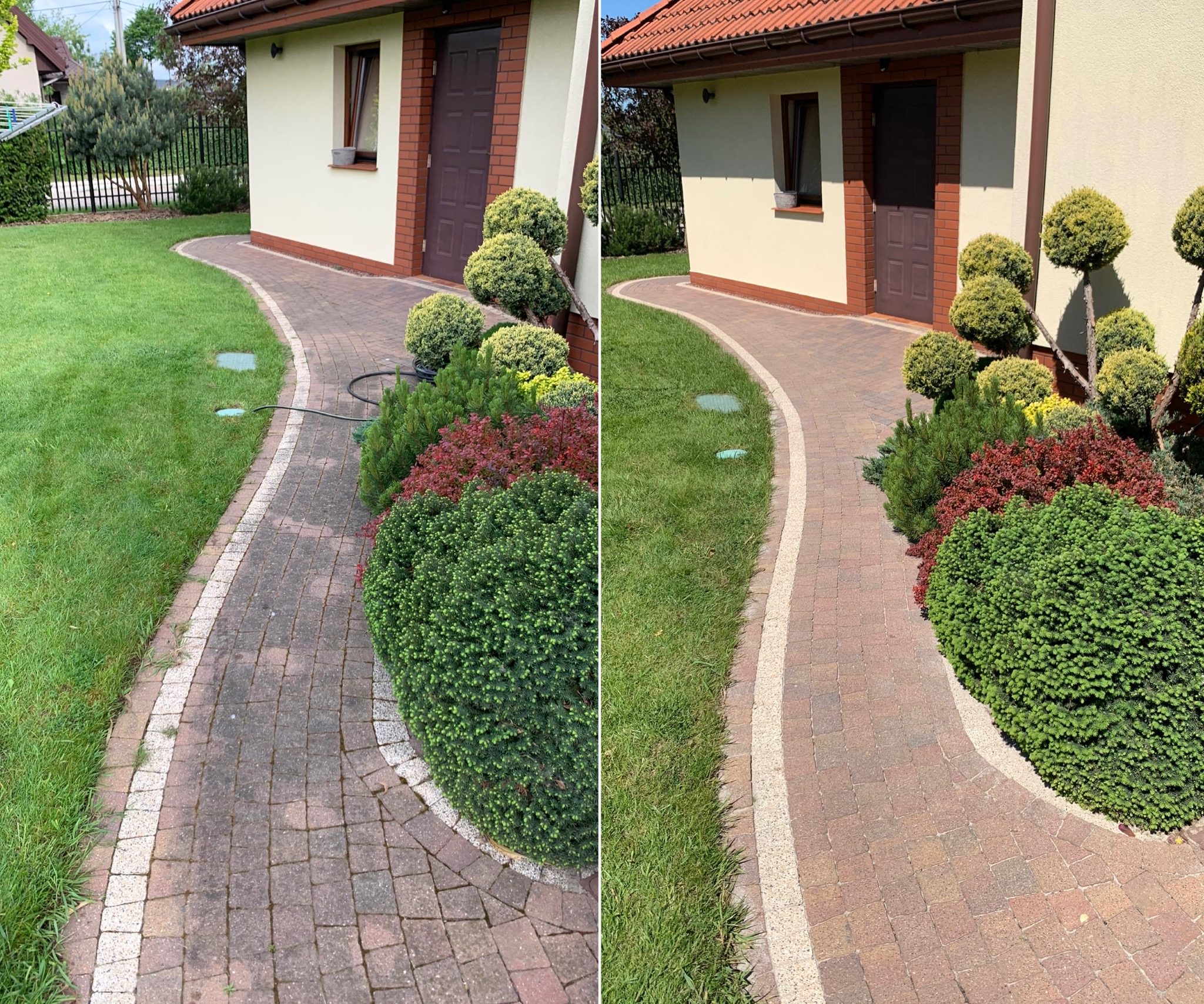 Porównanie stanu kostki brukowej przed i po czyszczeniu, widoczne wyraźne różnice w kolorze i czystości, otoczenie to zadbany trawnik i ozdobne krzewy przy budynku.