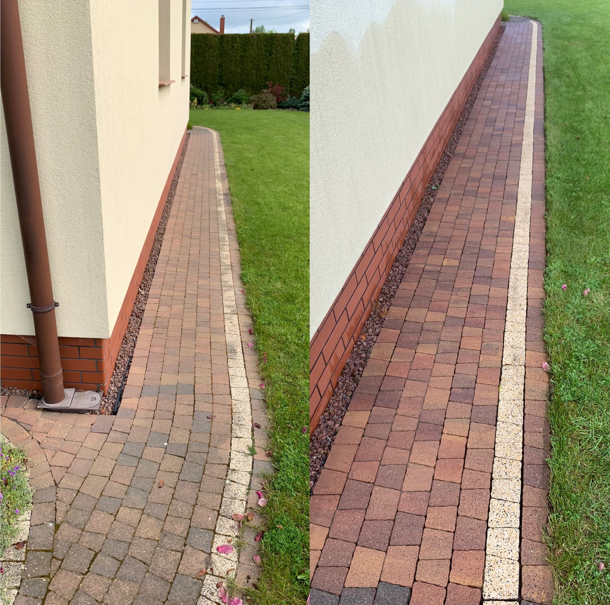 Dwa ujęcia kostki brukowej w odcieniach brązu, ułożonej wzdłuż jasnej elewacji budynku i zadbanego trawnika, z widoczną rynną spustową w lewym kadrze.