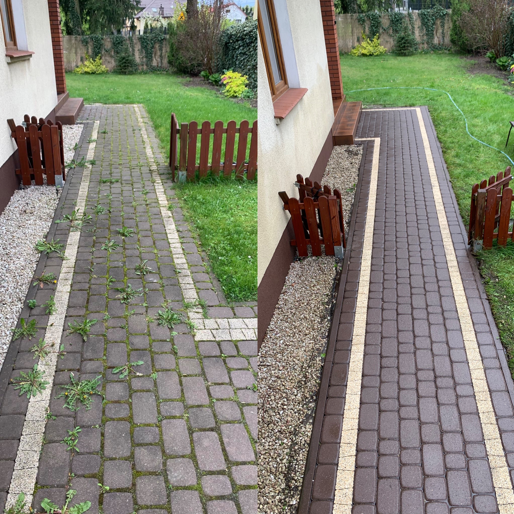 Porównanie stanu kostki brukowej przed i po czyszczeniu: zaniedbany, porośnięty chwastami chodnik zmienia się w czysty, estetyczny ciąg komunikacyjny.