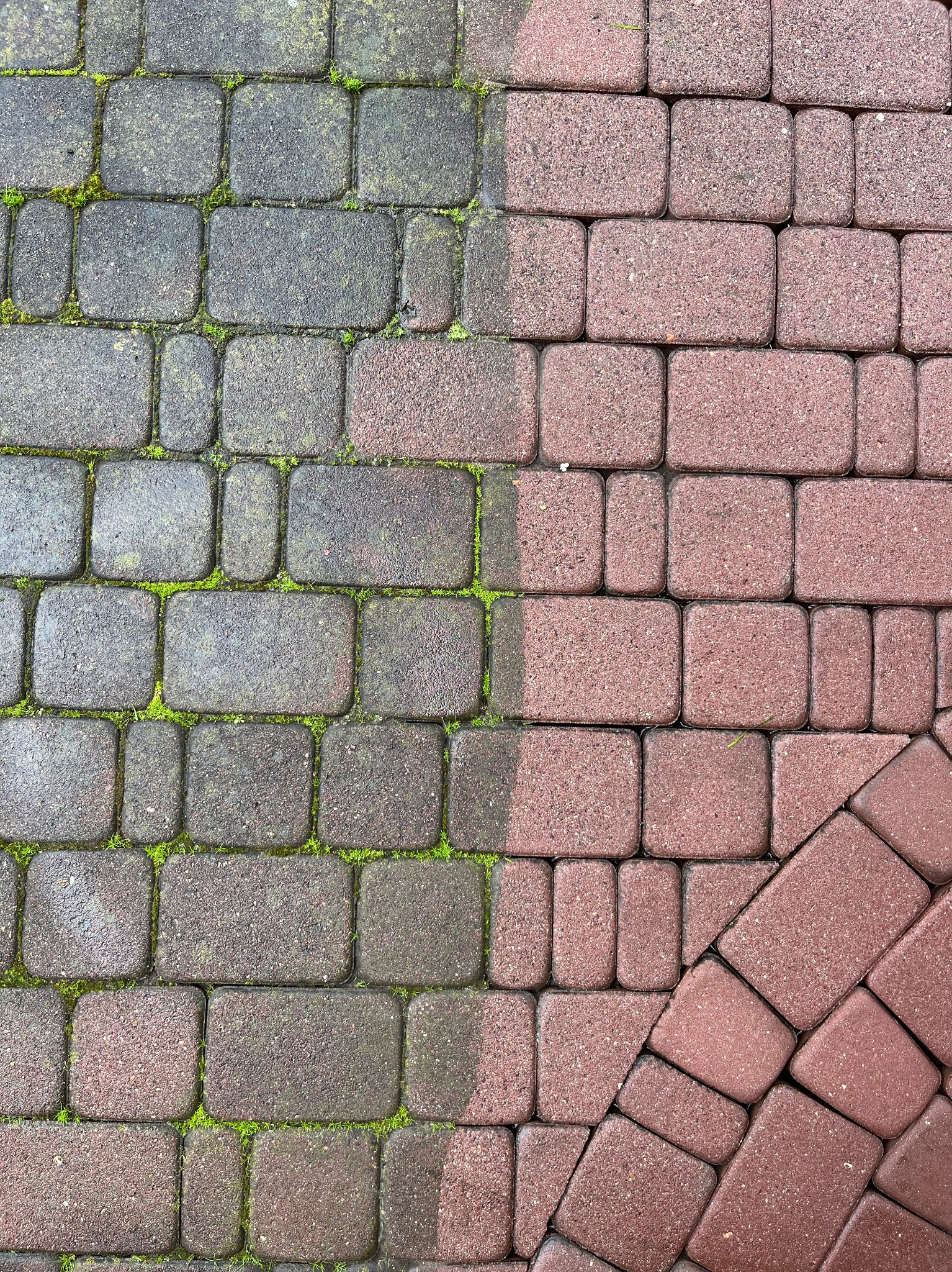 Częściowo wyczyszczona, czerwono-szara kostka brukowa z widocznym mchem w fugach, ukazująca różnicę przed i po myciu.