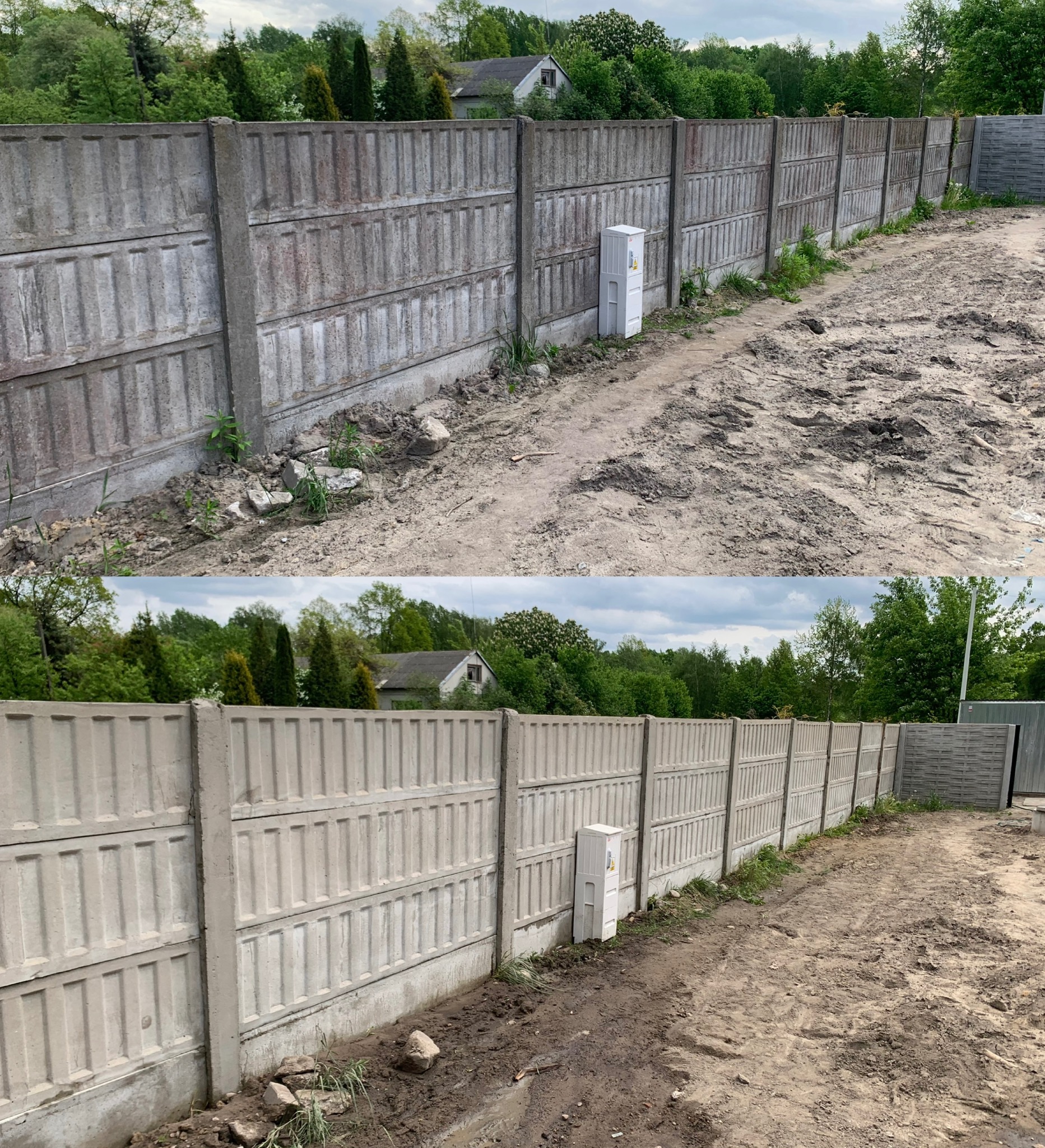 Porównanie betonowego ogrodzenia modułowego przed i po czyszczeniu, widoczna różnica w kolorze i usunięte zabrudzenia, z perspektywy ziemi.