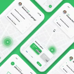 Interfejs aplikacji mobilnej do zamawiania taksówek w Krakowie, z widocznymi opcjami wyboru trasy i rodzaju pojazdu na tle mapy.