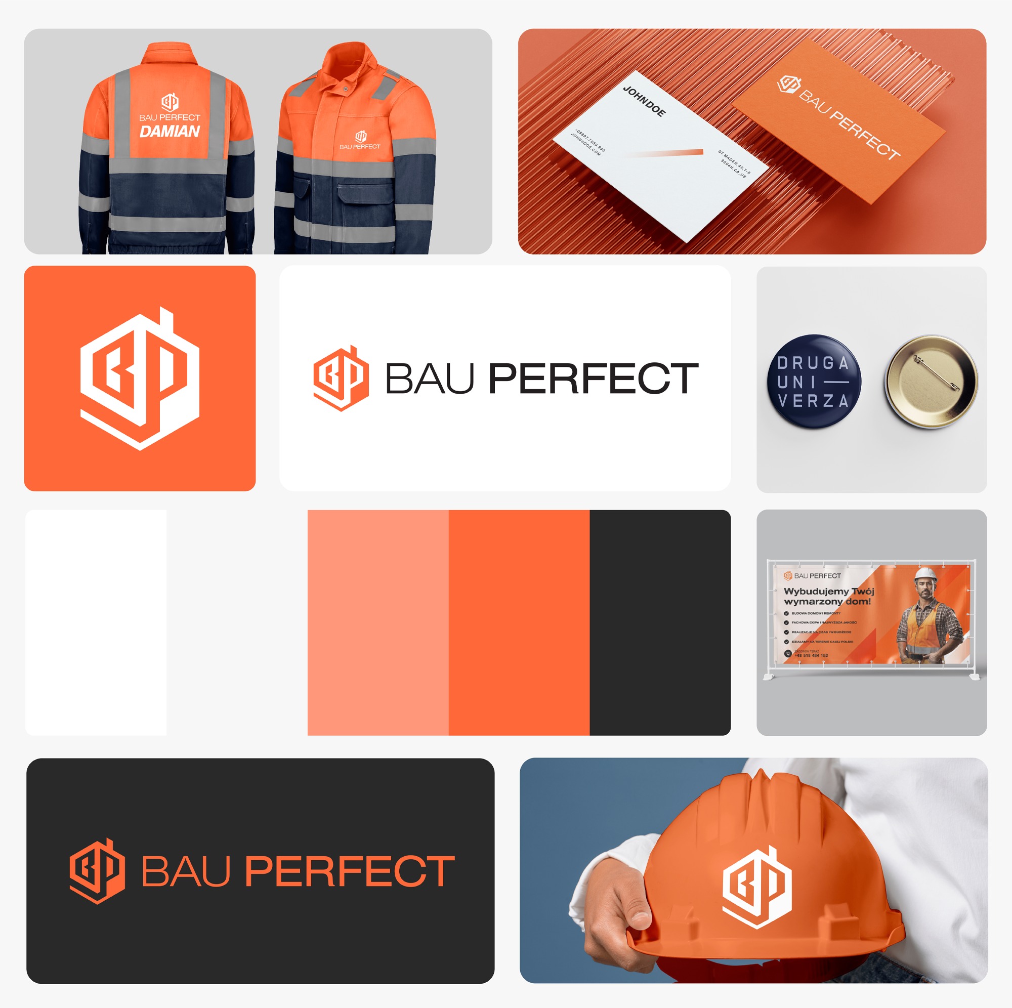 Kolaż prezentujący elementy identyfikacji wizualnej firmy budowlanej: odzież robocza z logo, wizytówki na teksturowanym tle, przypinka, baner reklamowy z wizerunkiem pracownika i hełm ochronny...