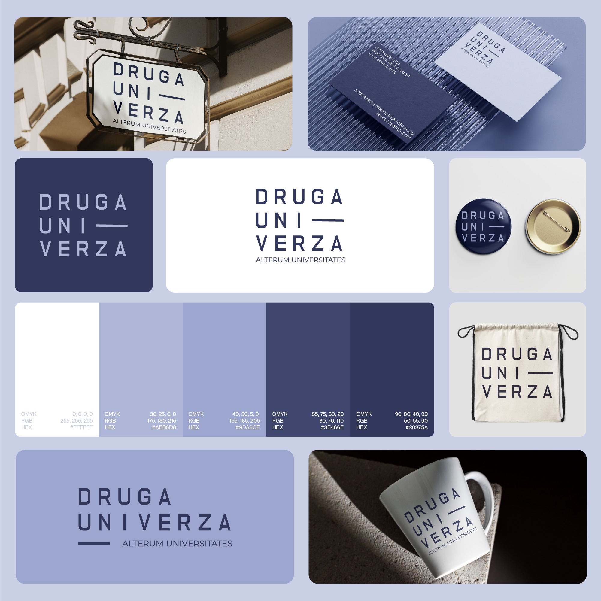 Zestaw materiałów identyfikacyjnych marki w odcieniach granatu i bieli: szyld, wizytówki na szklanej powierzchni, przypinka, woreczek ze sznurkiem, kubek, paleta kolorów CMYK i RGB.