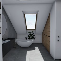 Vian - Wizualizacja łazienki na poddaszu z owalną wanną wolnostojącą, czarną szafką umywalkową, okrągłym lustrem, drewnianą szafą w zabudowie i oknem dachowym.