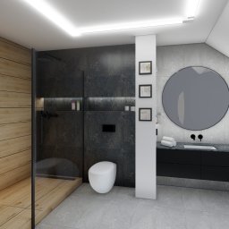 Vian - Nowoczesna łazienka z drewnianą kabiną prysznicową typu walk-in, czarnymi płytkami, okrągłym lustrem i wiszącą szafką z umywalką, oświetleniem LED oraz toaletą podtynkową.